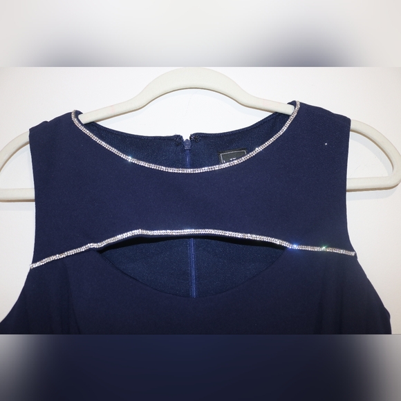 Cut Out Embellished Zippered Lined Sleeveless Round Neck Full-Length (Navy) - Picture 6 of 13